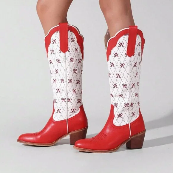 Red Chic Women's Knee High Cowboy Boots with Chunky Heel - Picture 2 of 5